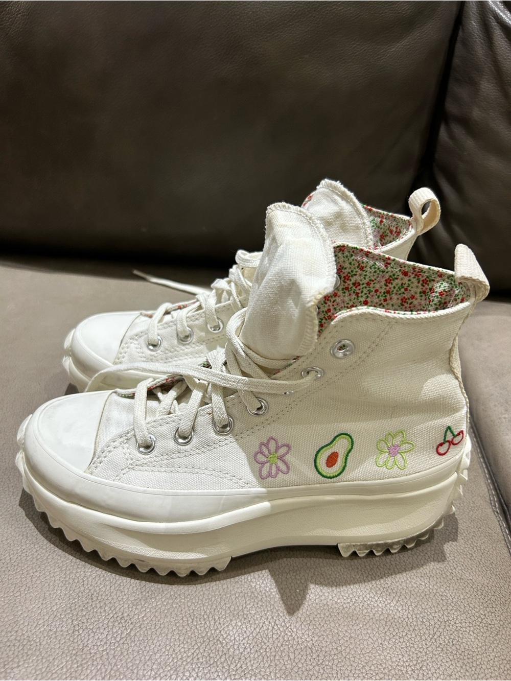 Converse White High-Top Lace-Up Platform Boots with Floral & Avocado Embroidery